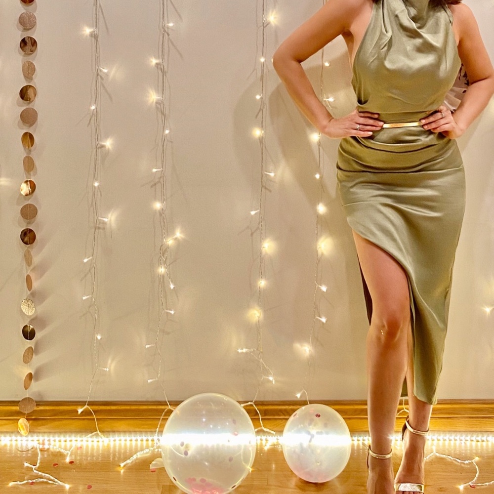 Backless sage satin dress